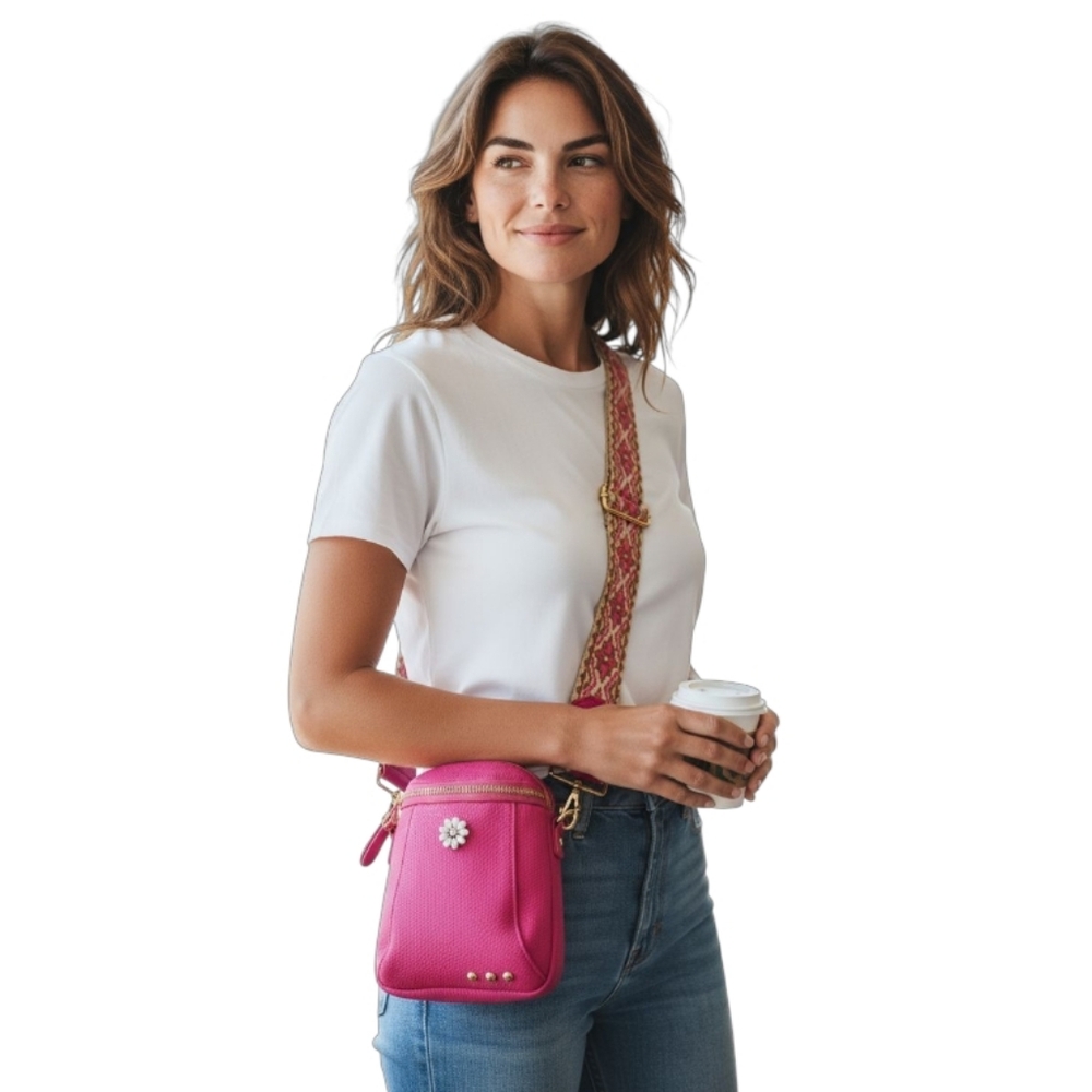 NWT Pink Vegan Leather Crossbody Bag w/Woven Strap & Interchangeable Snap Charm